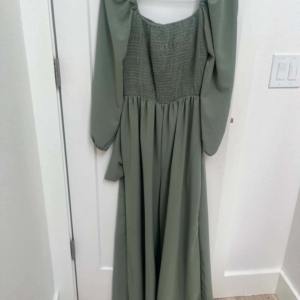 Chic Green Square Neck Bishop Sleeve Jumpsuit